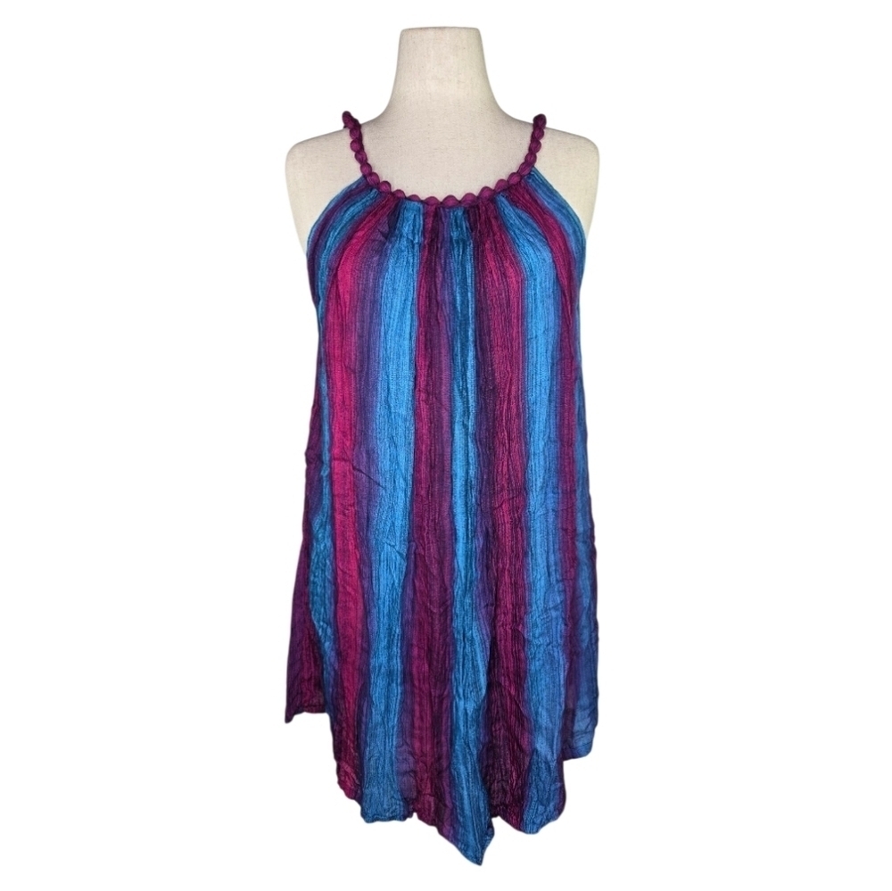 Boho Multicolor Sheer Crinkle Halter Tunic Top Jewel Tone Striped Festival Style
